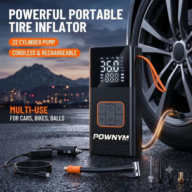 POWNYM Cordless Portable Tire Inflator Wireless Air Pump LED Light