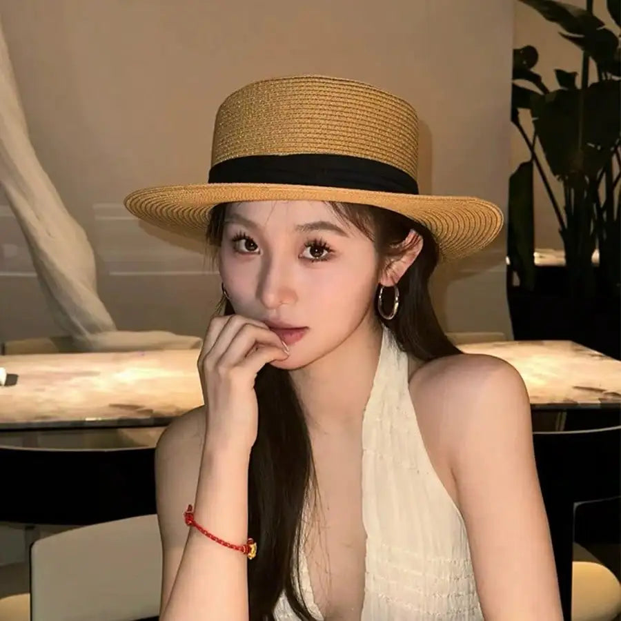 Women Straw French Chic Boater Sun Hat For Outdoor Summer