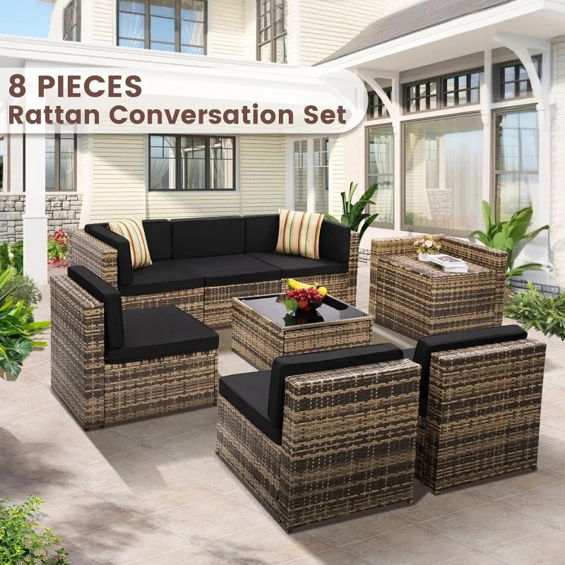 Outdoor Wicker Patio Sectional Set With Hidden Storage Glass Table