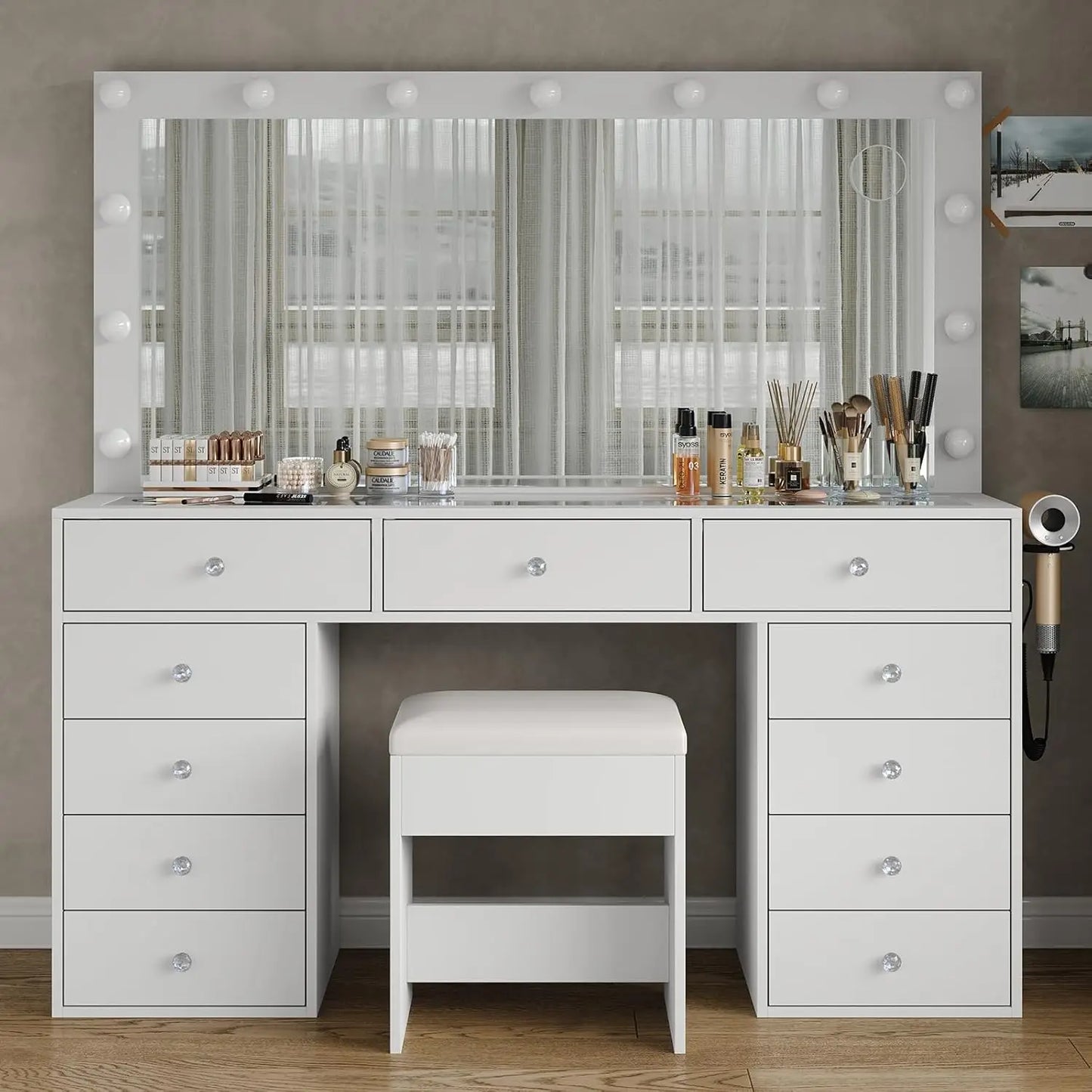 11-Drawer Makeup Vanity Desk With Charging Station And LED Mirror