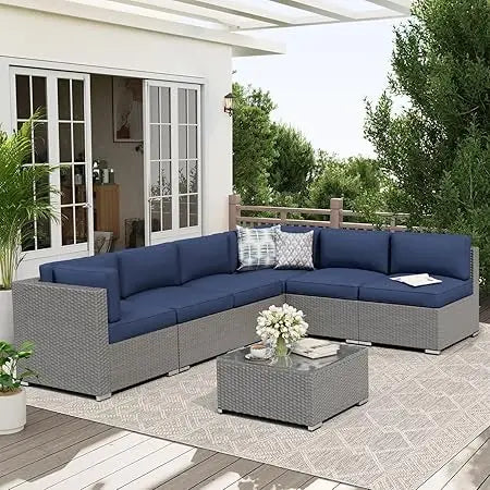 Outdoor Patio Furniture Set Rattan Wicker With Glass Top Table And Cushions