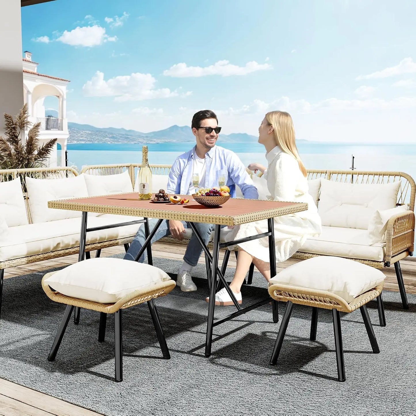 Patio Wicker L Shaped Outdoor Conversation Sofa Set With Cushions